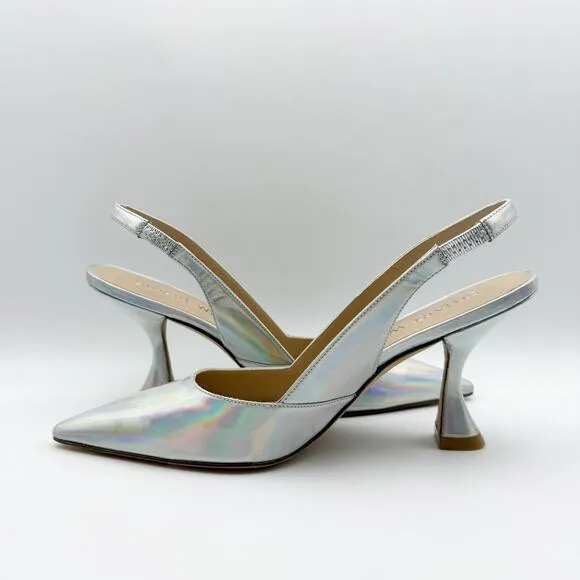 Stuart Weitzman Womens Xcurve 85 Slingback Heels US 6.5 Silver Sling Back NWOB