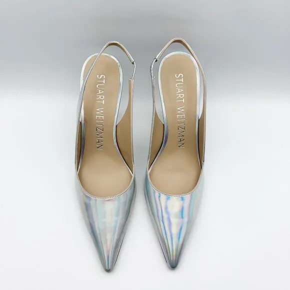 Stuart Weitzman Womens Xcurve 85 Slingback Heels US 6.5 Silver Sling Back NWOB