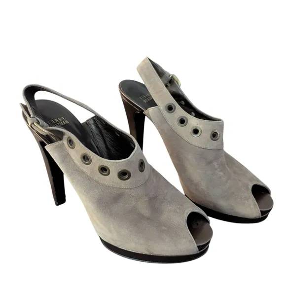 Stuart Weitzman,Gray Peep-Toe Slingback Heels,Size 9