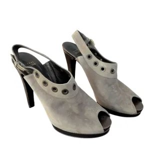 Stuart Weitzman,Gray Peep-Toe Slingback Heels,Size 9
