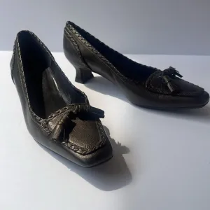 Stuart Wieitman Brown (Pewter) Square Toe Leather Kitten Heels 7.5 Made in Spain