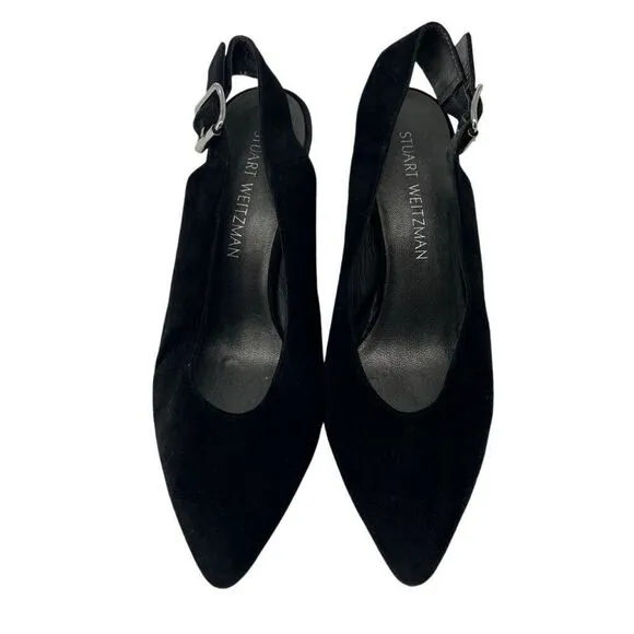 Stuart Weitzman Black Suede Slingback Block Heels 8.5 Women’s Pointed Toe