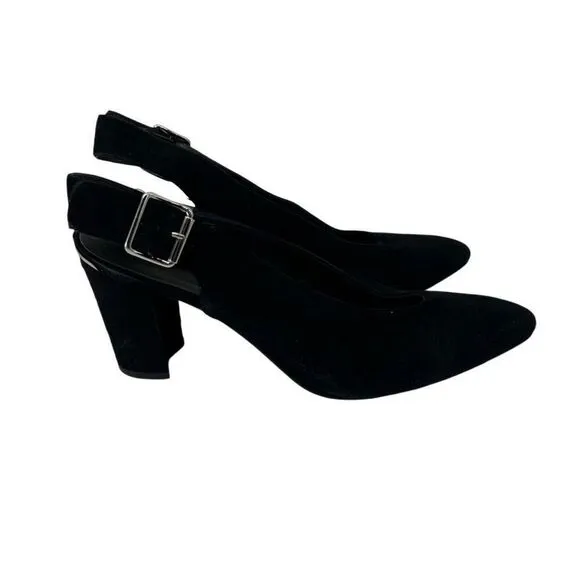 Stuart Weitzman Black Suede Slingback Block Heels 8.5 Women’s Pointed Toe