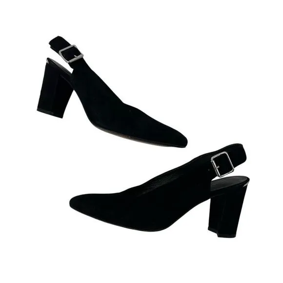 Stuart Weitzman Black Suede Slingback Block Heels 8.5 Women’s Pointed Toe