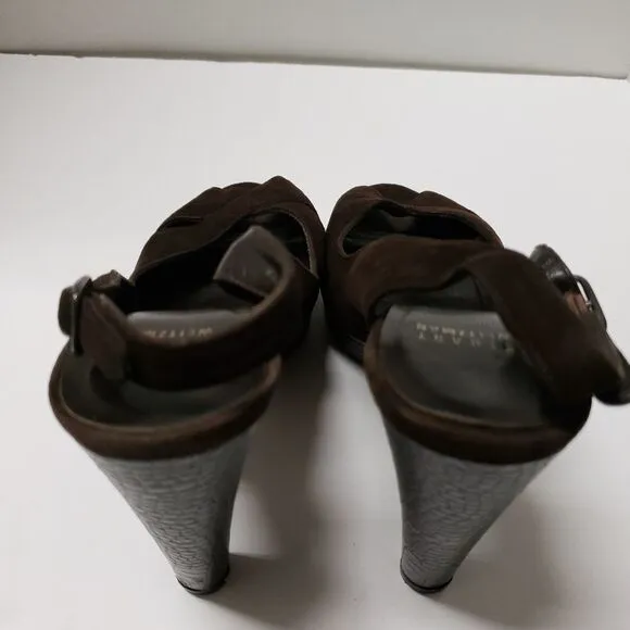 Stuart Weitzman Suede Leather Peeptoe Slingback Platform Heels Pumps