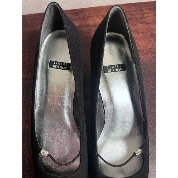 Stuart Weitzman black Peau De Soie heels with rhinestone accent SZ 7.5