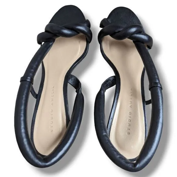 Studio Amelia Tubular Pretzel Black‎ leather slingback heels size 7