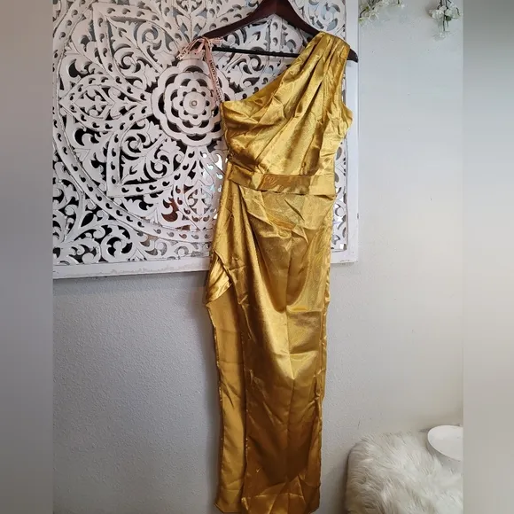 STYLE OF CB ONE SHOULDER BODYCON GOLD OPEN LEG MAXI DRESS WOMEN'S SZ…