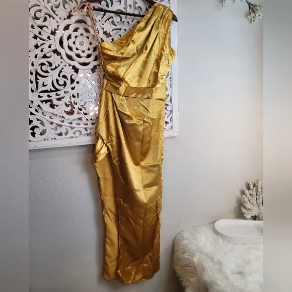 STYLE OF CB ONE SHOULDER BODYCON GOLD OPEN LEG MAXI DRESS WOMEN'S SZ…