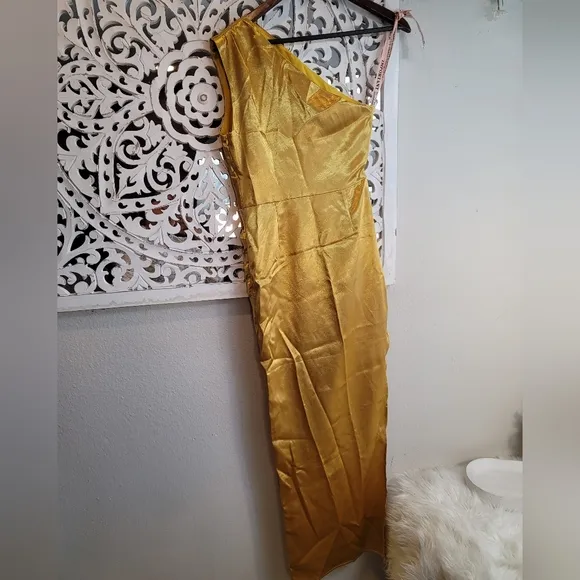 STYLE OF CB ONE SHOULDER BODYCON GOLD OPEN LEG MAXI DRESS WOMEN'S SZ…