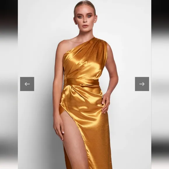 STYLE OF CB ONE SHOULDER BODYCON GOLD OPEN LEG MAXI DRESS WOMEN'S SZ…