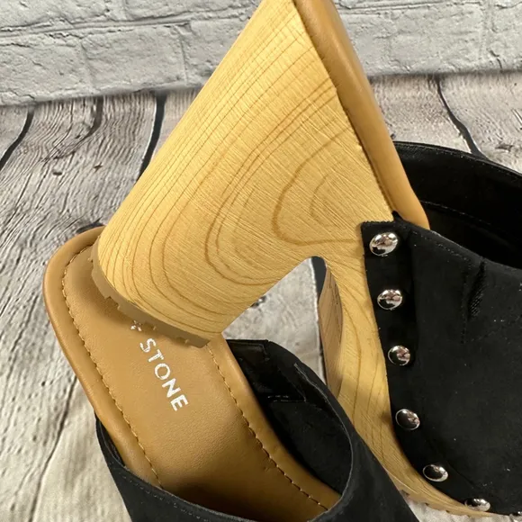 Sun &amp; Stone Taanyaf Silver Studded Clogs Wood Sole Faux Suede Black NEW