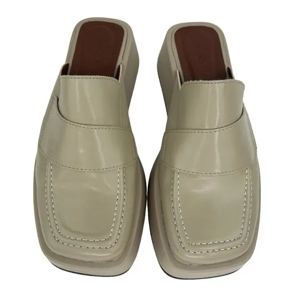SVEGAN Women Vegan Leather Backless Mule Platform Loafer Size 38 US 7-7.5 Beige