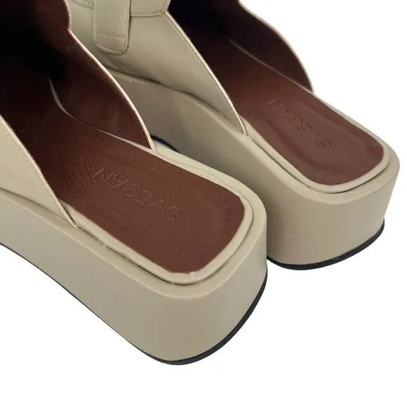 SVEGAN Women Vegan Leather Backless Mule Platform Loafer Size 38 US 7-7.5 Beige