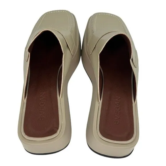 SVEGAN Women Vegan Leather Backless Mule Platform Loafer Size 38 US 7-7.5 Beige