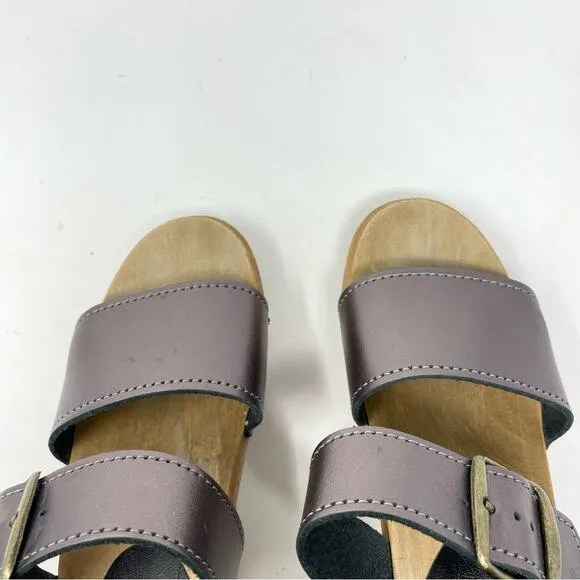 Sven Originals 2 Strap Buckle Wood Swedish Wooden Sandals Clogs Pewter 35 5