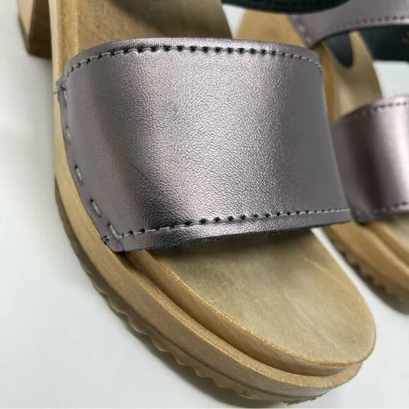 Sven Originals 2 Strap Buckle Wood Swedish Wooden Sandals Clogs Pewter 35 5