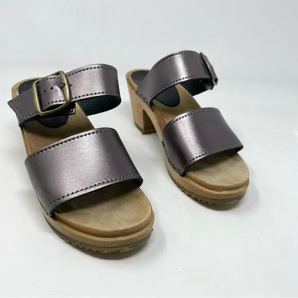 Sven Originals 2 Strap Buckle Wood Swedish Wooden Sandals Clogs Pewter 35 5