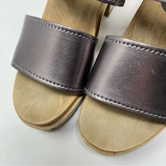Sven Originals 2 Strap Buckle Wood Swedish Wooden Sandals Clogs Pewter 35 5