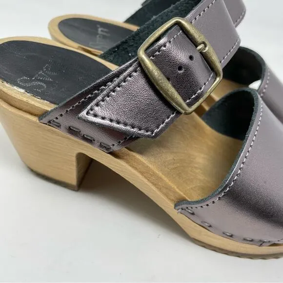 Sven Originals 2 Strap Buckle Wood Swedish Wooden Sandals Clogs Pewter 35 5