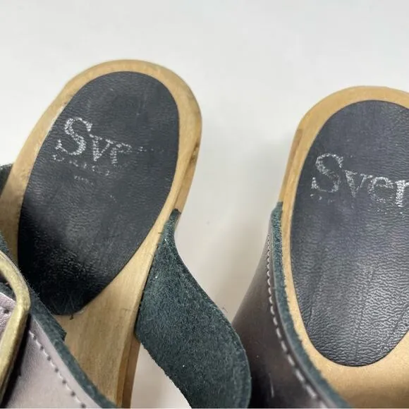Sven Originals 2 Strap Buckle Wood Swedish Wooden Sandals Clogs Pewter 35 5