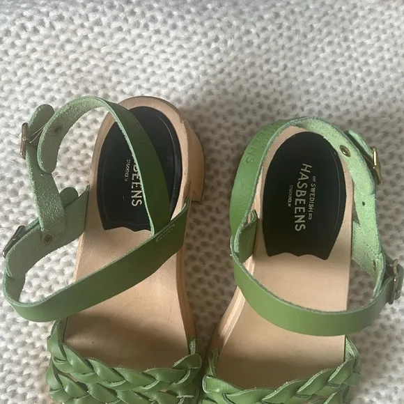 Swedish Hasbeens 60s Tanja Sandals in Green Leather Size 35 Us Size 5