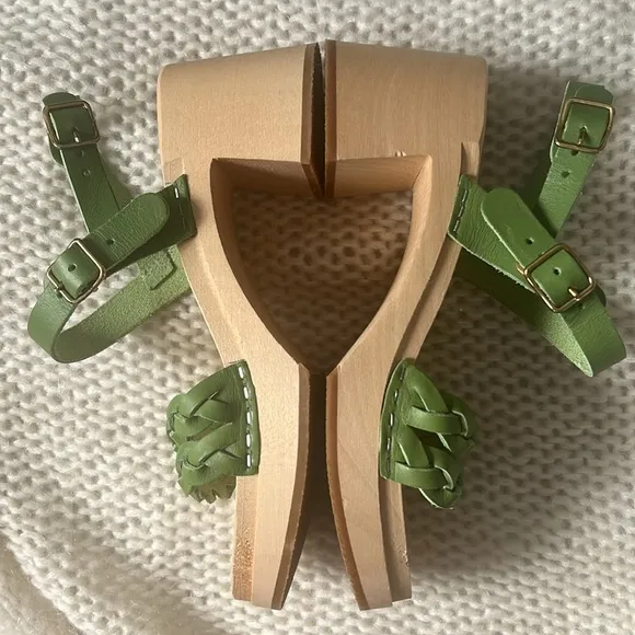 Swedish Hasbeens 60s Tanja Sandals in Green Leather Size 35 Us Size 5