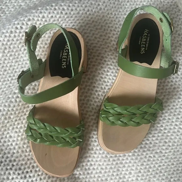 Swedish Hasbeens 60s Tanja Sandals in Green Leather Size 35 Us Size 5
