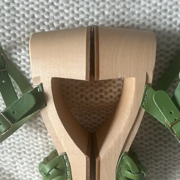 Swedish Hasbeens 60s Tanja Sandals in Green Leather Size 35 Us Size 5