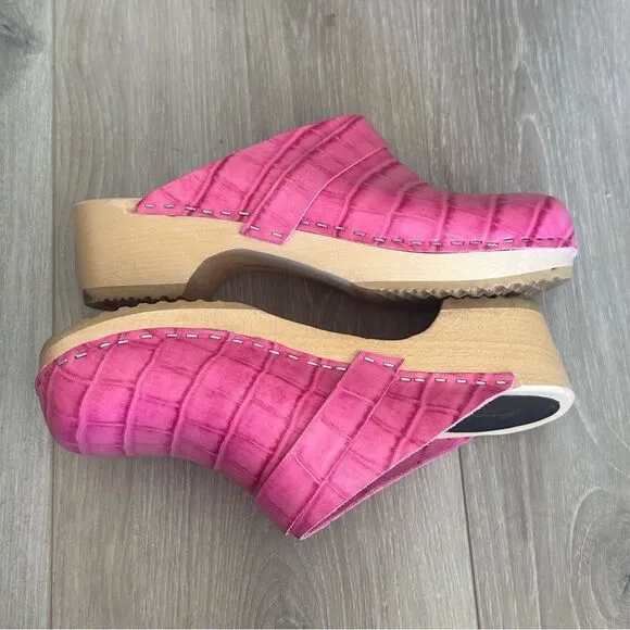 Swedish Hasbeens Heeled Mules Clogs Pink Croc Embossed Women’s EU 36 Barbie