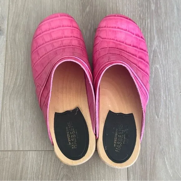 Swedish Hasbeens Heeled Mules Clogs Pink Croc Embossed Women’s EU 36 Barbie