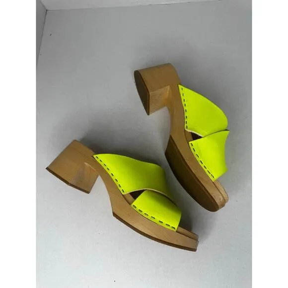 Swedish HASBEENS neon yellow Anette wooden Retro clog size 41