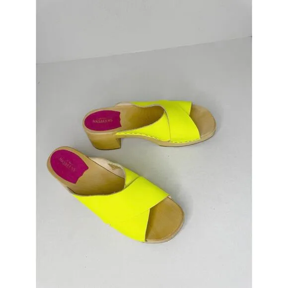 Swedish HASBEENS neon yellow Anette wooden Retro clog size 41