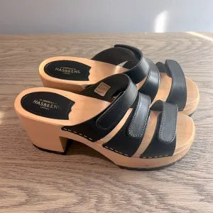 Swedish Hasbeens Wooden Strappy Leather Velcro Slip-On Platform Sandal