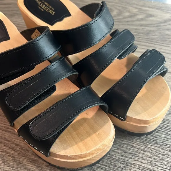 Swedish Hasbeens Wooden Strappy Leather Velcro Slip-On Platform Sandal
