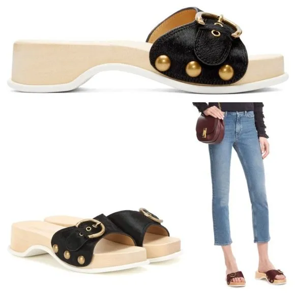 Sz 8 - 38 MARC JACOBS Black Anita Calf Hair Sandals Slides Clogs RARE
