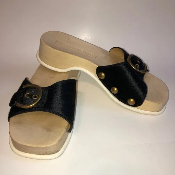 Sz 8 - 38 MARC JACOBS Black Anita Calf Hair Sandals Slides Clogs RARE