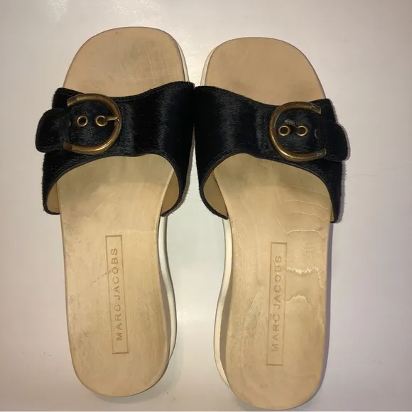 Sz 8 - 38 MARC JACOBS Black Anita Calf Hair Sandals Slides Clogs RARE