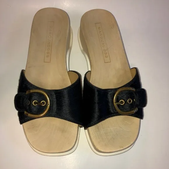 Sz 8 - 38 MARC JACOBS Black Anita Calf Hair Sandals Slides Clogs RARE