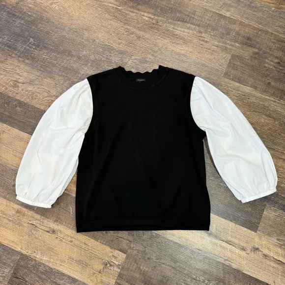 TALBOTS Slip Over Sweater Vest Blouse Mix Black White Balloons Sleeves Size XL