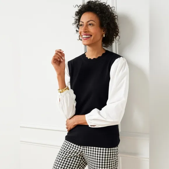 TALBOTS Slip Over Sweater Vest Blouse Mix Black White Balloons Sleeves Size XL