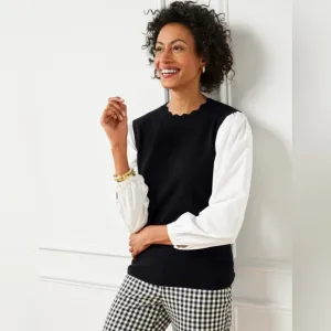 TALBOTS Slip Over Sweater Vest Blouse Mix Black White Balloons Sleeves Size XL