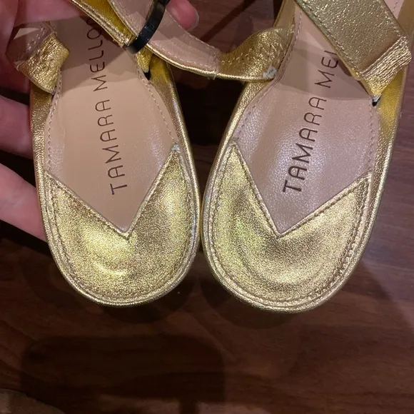 Tamara Mellon / Slingback Cone-Heel Gold Sandal 38.5 8.5
