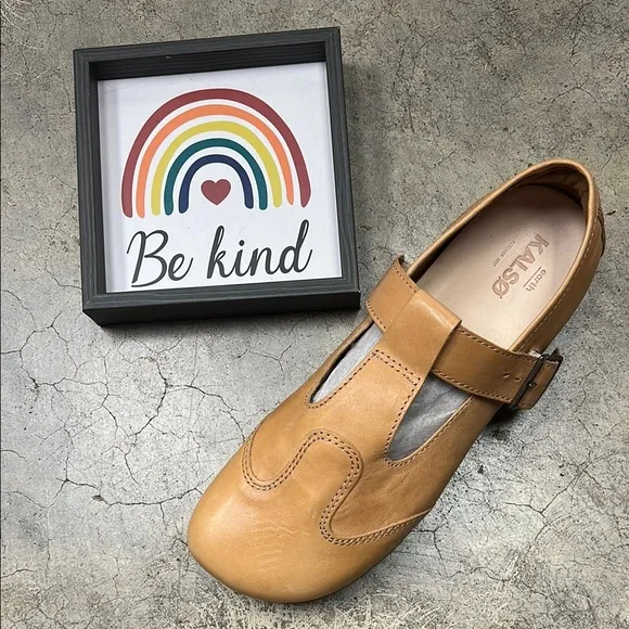 Tan Leather Mules with T-Strap Design