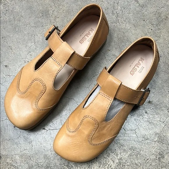 Tan Leather Mules with T-Strap Design