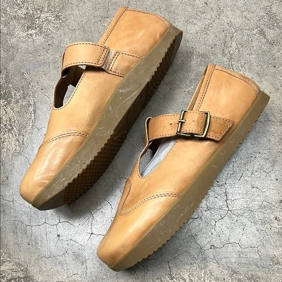Tan Leather Mules with T-Strap Design