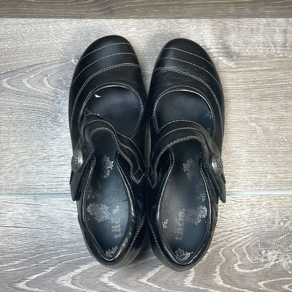Taos Dutchess Women’s Sz 8.5 Black Leather Hook &amp; Loop Mary Jane Kitten Heels