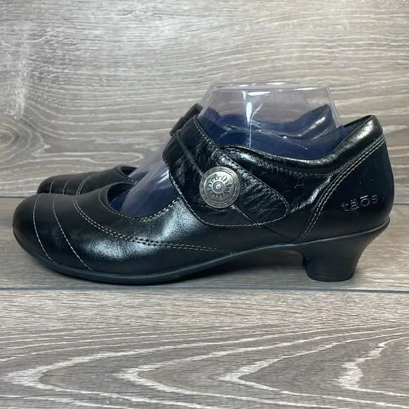 Taos Dutchess Women’s Sz 8.5 Black Leather Hook &amp; Loop Mary Jane Kitten Heels