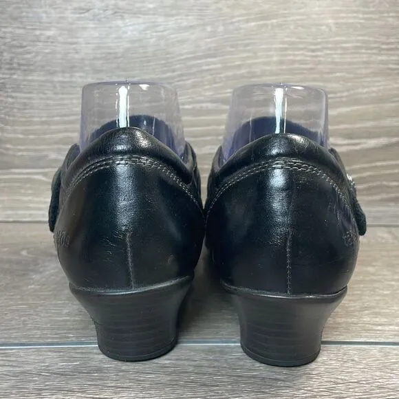 Taos Dutchess Women’s Sz 8.5 Black Leather Hook &amp; Loop Mary Jane Kitten Heels