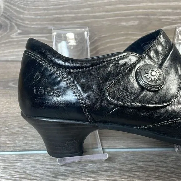 Taos Dutchess Women’s Sz 8.5 Black Leather Hook &amp; Loop Mary Jane Kitten Heels